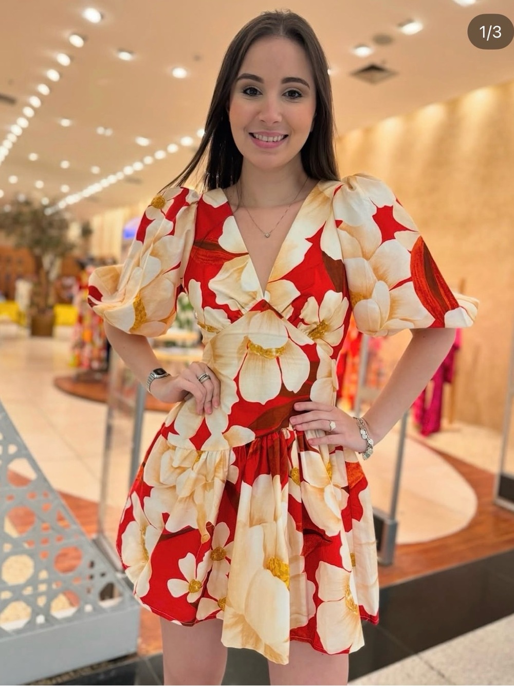 FARM Rio Red Floral Puff-Sleeve Mini Dress